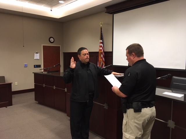 (L-r) Sgt. Bill Finch, Chapin’s new Community Services Director, is sworn in by Chief Seth Zeigler.
